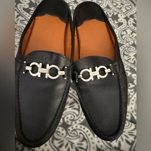 Salvatore Ferragamo Gancini Black Leather Slip-Ons with Silver Accents